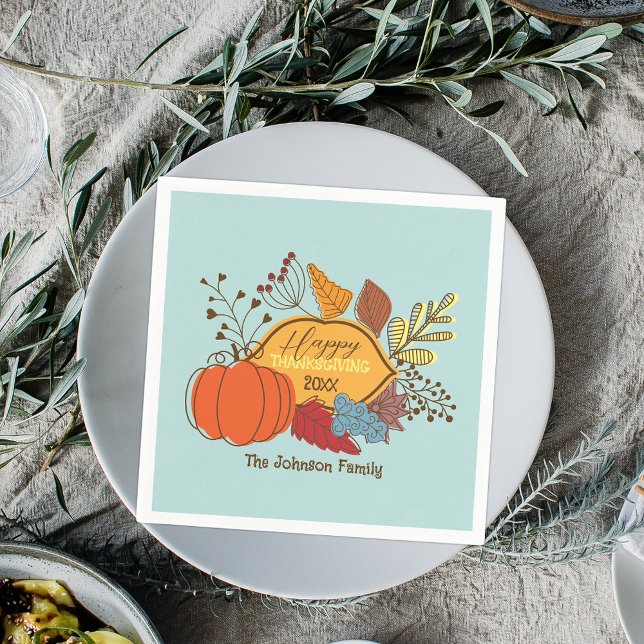 Pastellblå folklig konst Pumpa Thanksgiving Pappersservett (Skapare uppladdad)