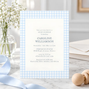 Pastellblå Gingham Kryssrutig Söt Bebis Baby Showe Inbjudningar