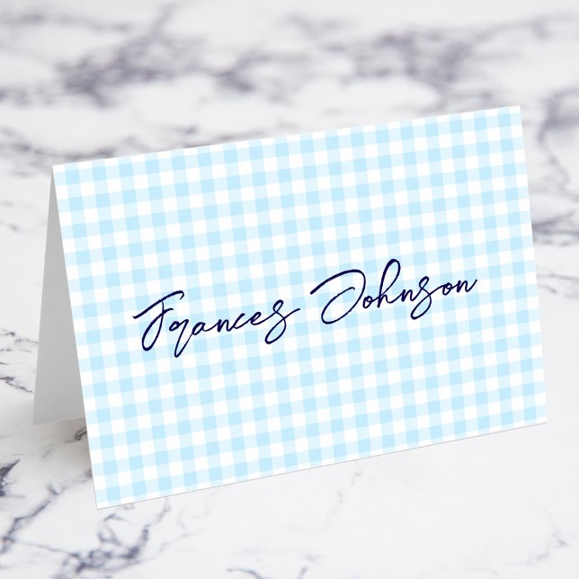 Pastellblå Gingham Namnkort för platser Bordsnummer (Pastel Blue Gingham Individual Name Place Cards)