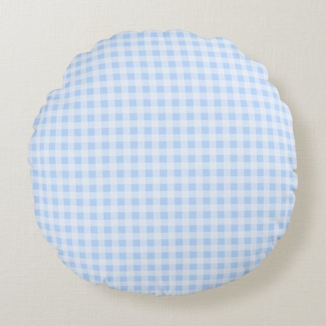 Pastellblå Gingham Rund Kudde (Framsidan)