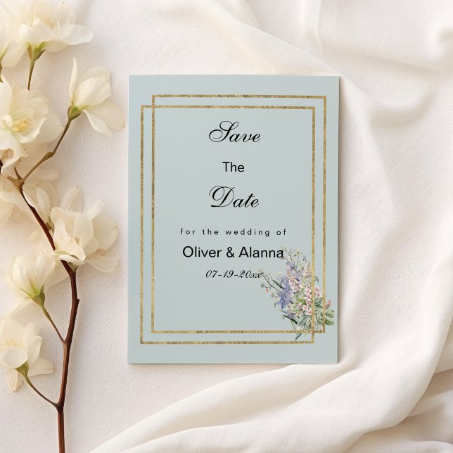 Pastellblå guld lavender rosa flora Spara datum Inbjudningar (Pastel blue gold lavender pink flora Save The Date )