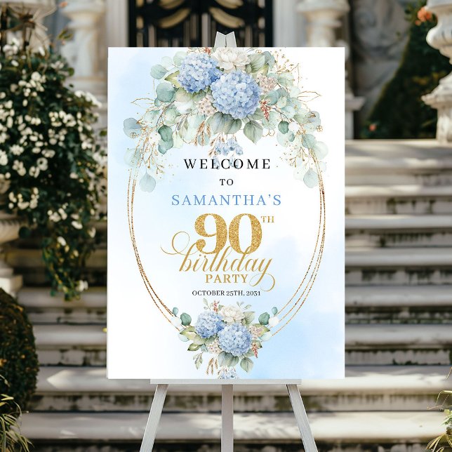 Pastellblå hortensior Guld 90-årsfirande välkomsts Poster (Pastel Blue Hydrangeas Gold 90th birthday welcome)