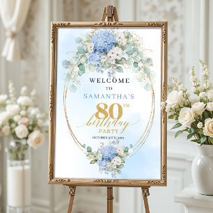 Pastellblå Hydrangea Blommig 80-års välkomsthälsni Poster