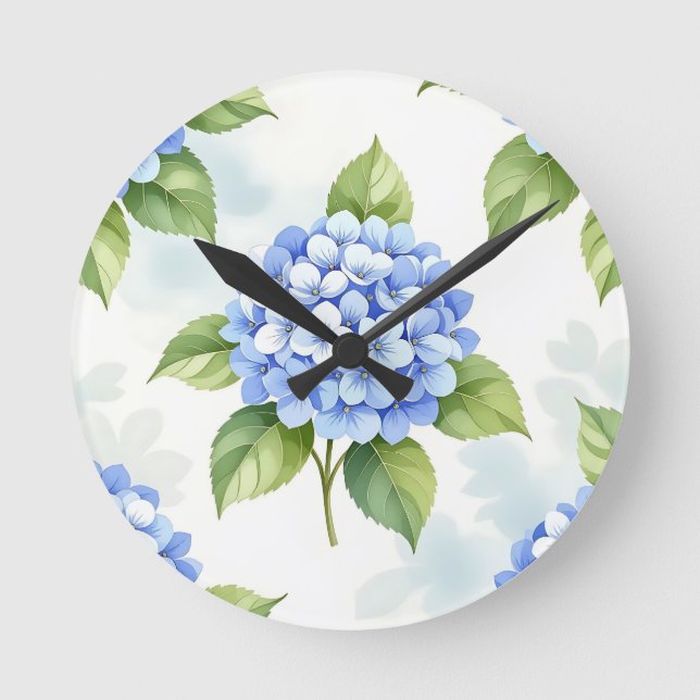 Pastellblå Hydrangea Bukett Mönster Rund Klocka (Framsida)
