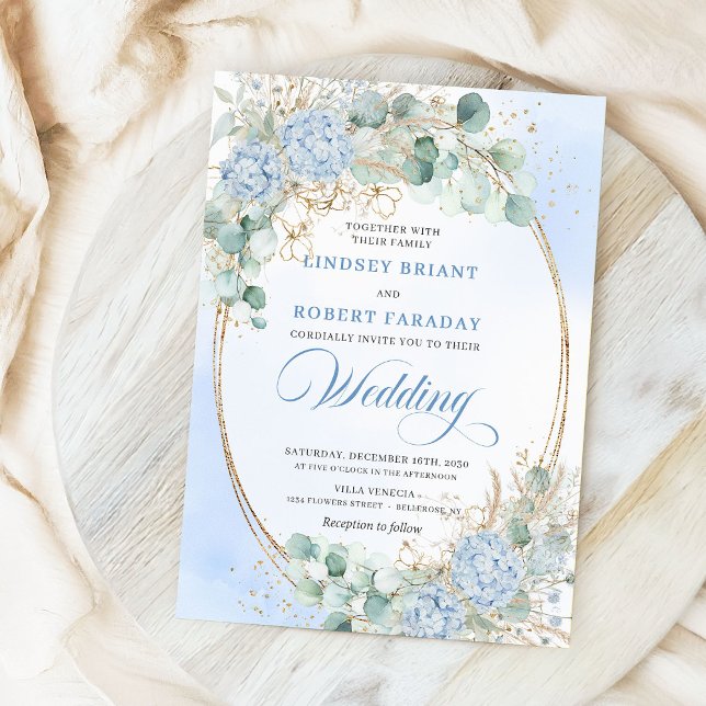 Pastellblå Hydrangea Vete Elegant Bröllopsinbjudan Inbjudningar (Pastel Blue Hydrangea Wheat Elegant Wedding Invitation)