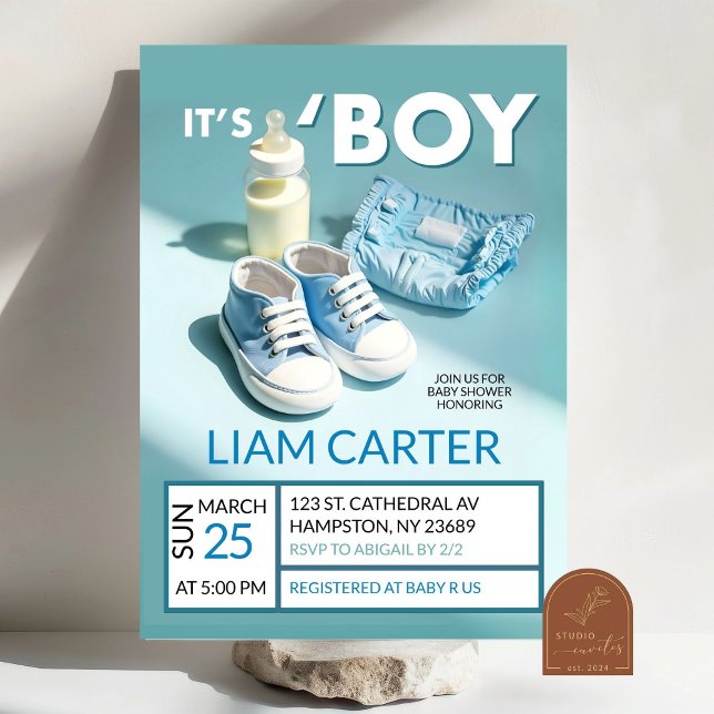 Pastellblå It's A Boy Sneaker Baby Shower Inbjudningar (Skapare uppladdad)