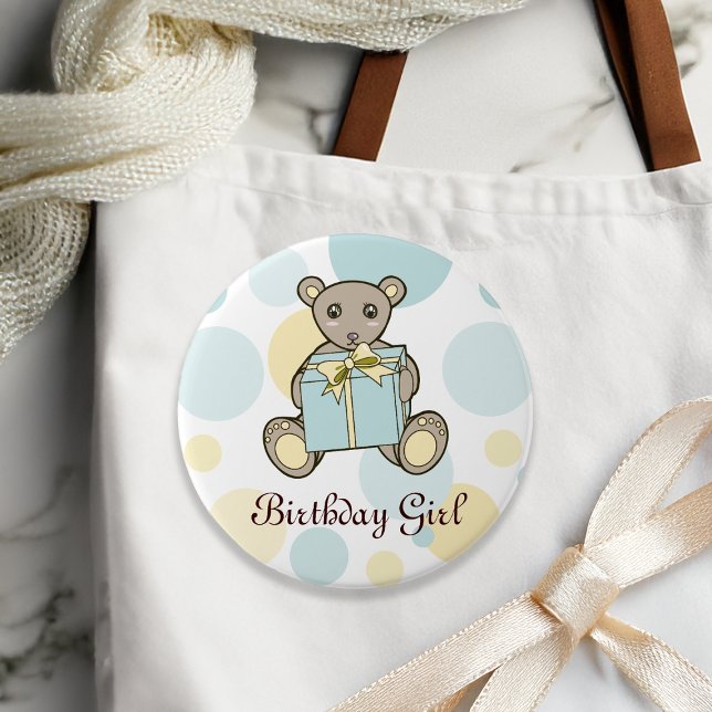 Pastellblå och gul teddybjörn Kids födelsedag Knapp (Skapare uppladdad)