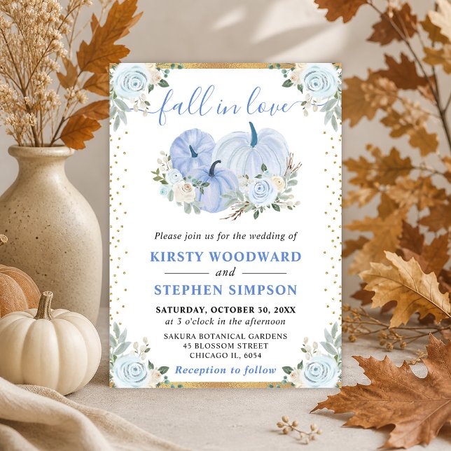 Pastellblå och Guld Blommiga Pumpor HöstHögtidsfir Inbjudningar (Skapare uppladdad)