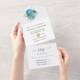 Pastellblå och guldblommig bröllopsinbjudan allt i