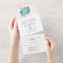 Pastellblå och guldblommig bröllopsinbjudan allt i