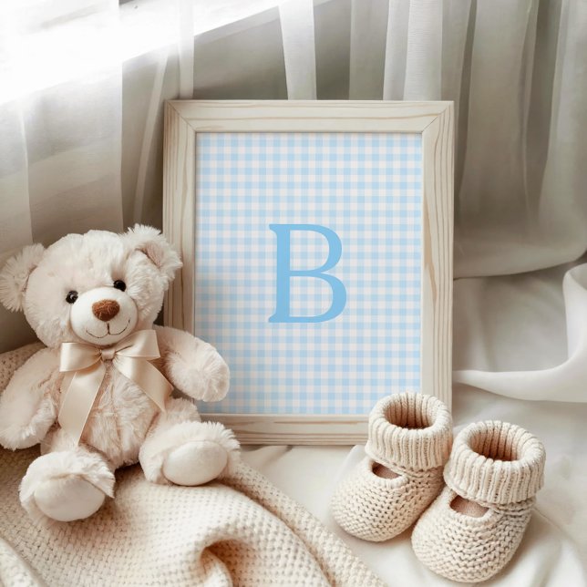 Pastellblå och vit Gingham-monogram Poster (Pastel Blue and White Gingham Monogram Poster)
