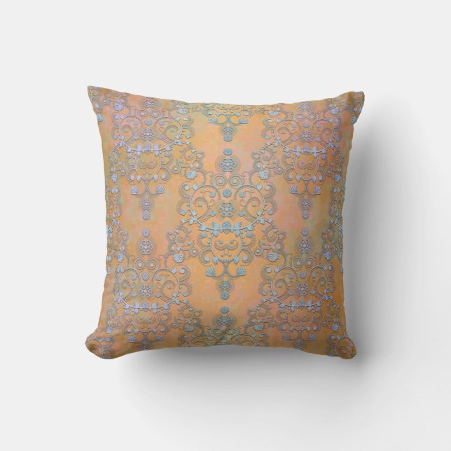 Pastellblå över Guld Aurora Lace Damask Kudde (Framsida)
