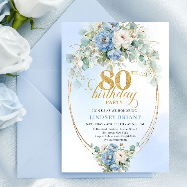 Pastellblå Peonies Grönska Boho 80-års Inbjudan (Pastel Blue Peonies Greenery Boho 80th Invite)