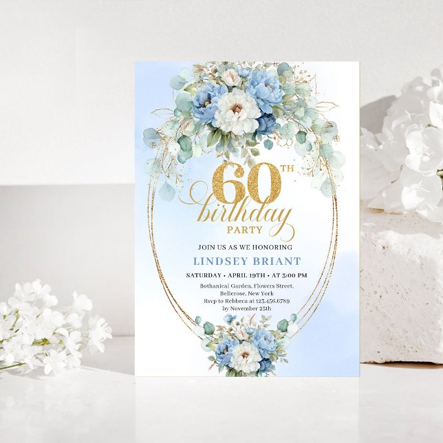 Pastellblå Peonior Guld 60-års Födelsedagsinbjudan Inbjudningar (Pastel Blue Peonies Gold 60th Birthday Invitation)