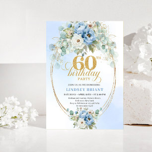 Pastellblå Peony Guld 60-års Födelsedagsinbjudan Inbjudningar