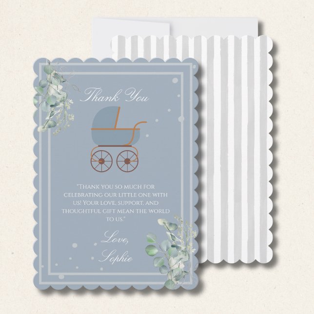 Pastellblå Ränder Barnvagn Baby Shower Tack Kort (Skapare uppladdad)