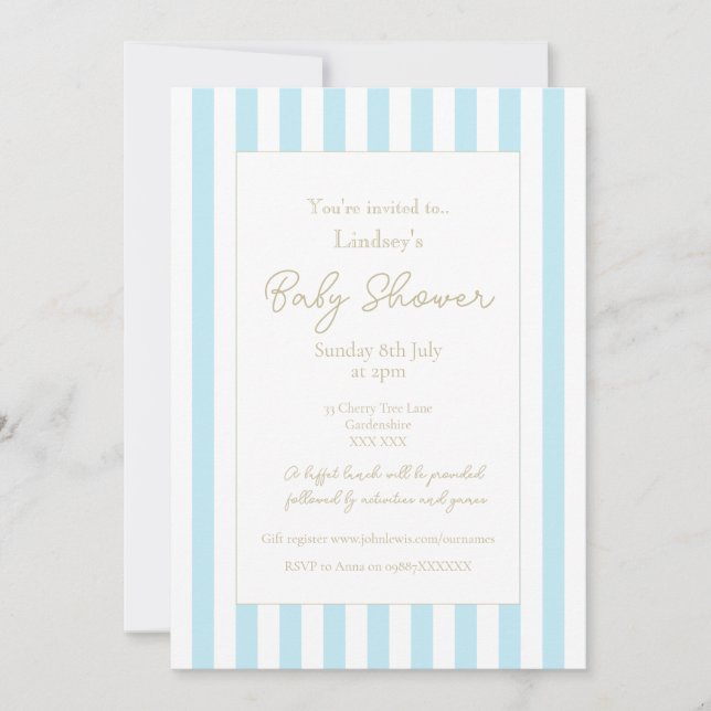 Pastellblå randig baby shower inbjudan (Framsida)
