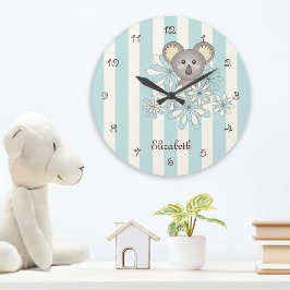 Pastellblå randig söt koala för barnkammare / barn stor klocka