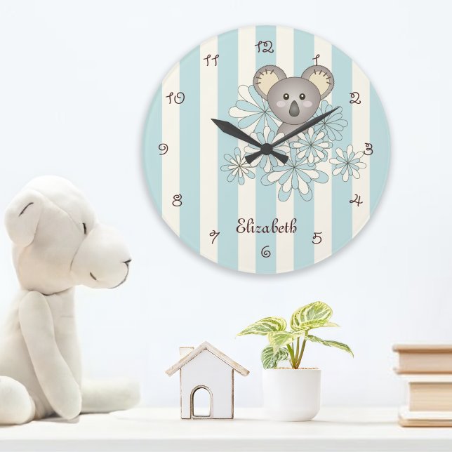 Pastellblå randig söt koala för barnkammare / barn stor klocka (Skapare uppladdad)