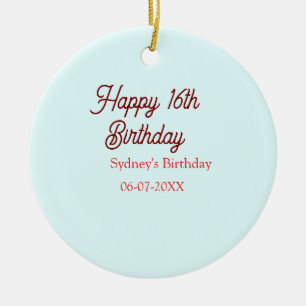 Pastellblå röd glad 16-årsdag namn datum eleg julgransprydnad keramik