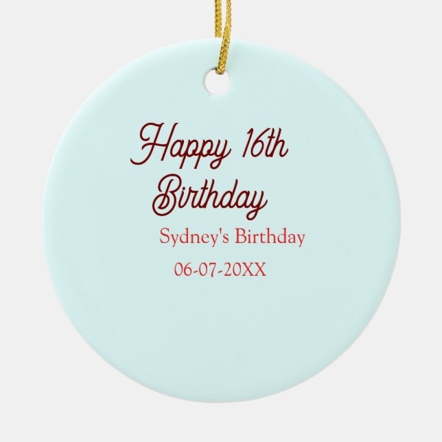 Pastellblå röd glad 16-årsdag namn datum eleg julgransprydnad keramik (Framsidan)
