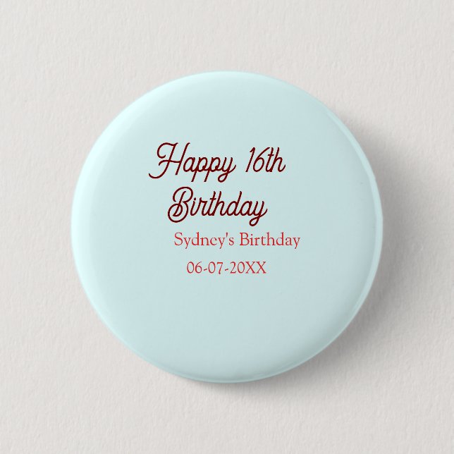 Pastellblå röd glad 16-årsdag namn datum eleg knapp (Framsida)
