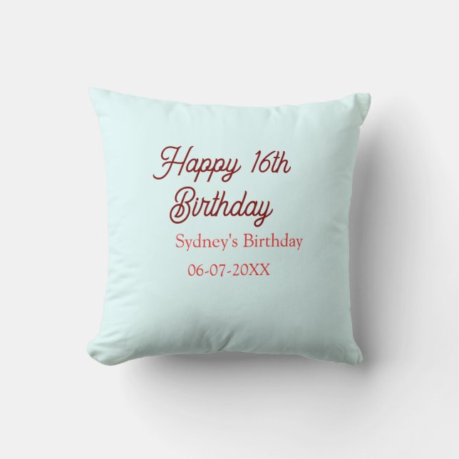 Pastellblå röd glad 16-årsdag namn datum eleg kudde (Framsida)