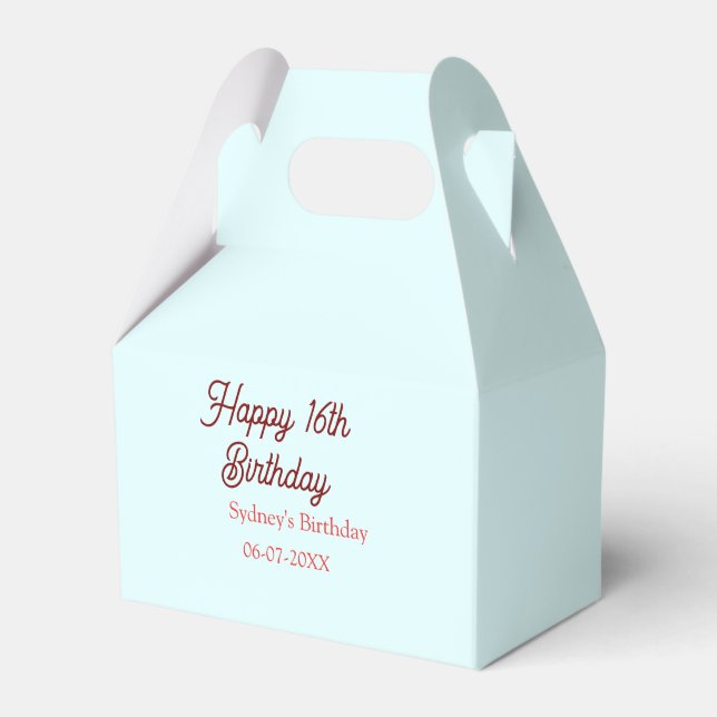 Pastellblå röd glad 16-årsdag namn datum eleg presentaskar (Framsidan Sidan)
