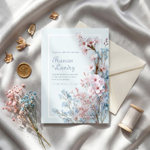 Pastellblå Romantisk Sakura Botanisk Ram Inbjudningar