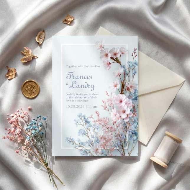 Pastellblå Romantisk Sakura Botanisk Ram Inbjudningar (Skapare uppladdad)
