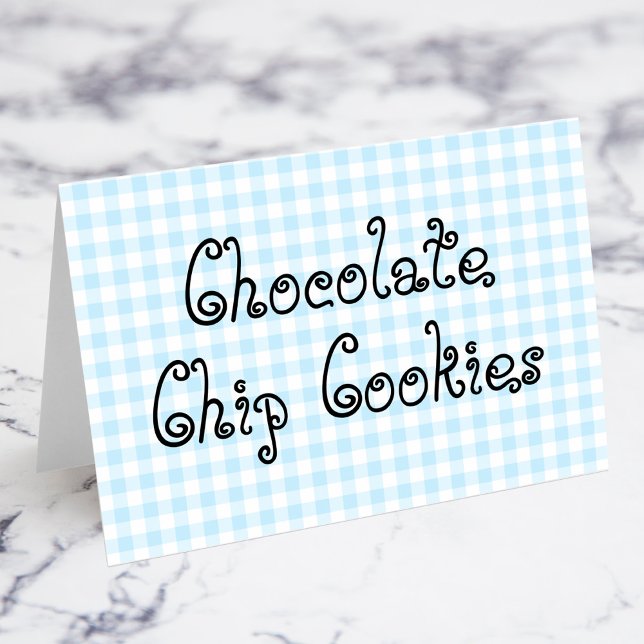 Pastellblå Rutiga Matkort Bordsnummer (Pastel Blue Gingham Chocolate Chip Cookies Food Cards)