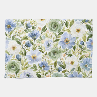 Pastellblå & Salvia Grön Akvarellblomma Kökshandduk