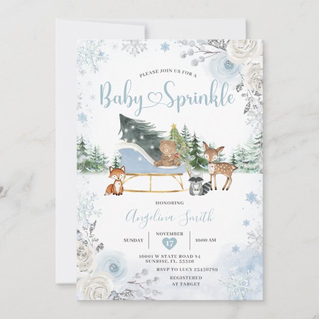 Pastellblå släde vinterdjur baby sprinkle inbjudningar (Framsida)