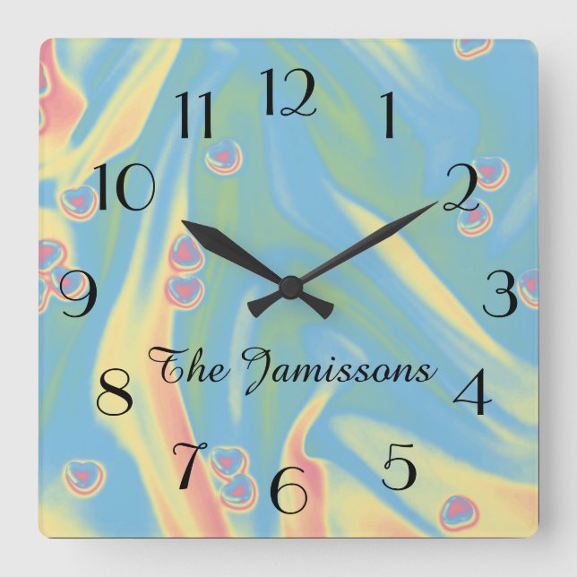 Pastellblå små Hearter, Namn, Rund eller Kvadratis Fyrkantig Klocka (Framsida)