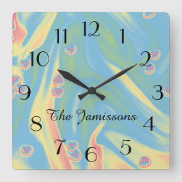 Pastellblå små Hearter, Namn, Rund eller Kvadratis Fyrkantig Klocka