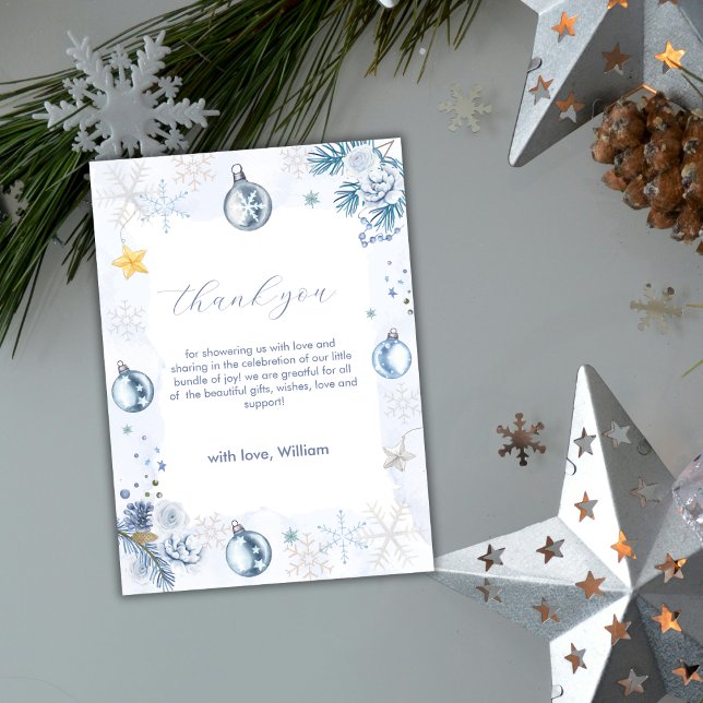 Pastellblå Snöflinga Blommig Vinter Bebis Bjudning Tack Kort (Pastel Blue Snowflake Floral Winter Baby Shower Thank You Card)