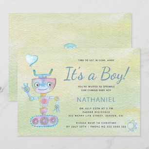 Pastellblå söt robot det är en pojke baby shower inbjudningar