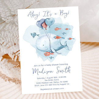 Pastellblå val Ahoy Under havet Baby Shower Inbjudningar