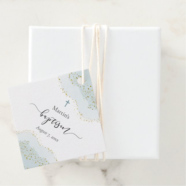 pastellblå vattenfärg | faux guld glitter Baptism Gåvor Etiketter (På plats)