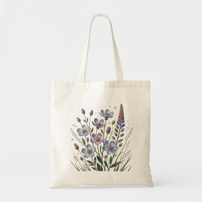 Pastellblå vildblommor – minimalistisk botanik tygkasse (Framsidan)