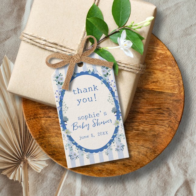 Pastellblå Vintage Randig Trädgård  Babykalas Presentetikett (Skapare uppladdad)