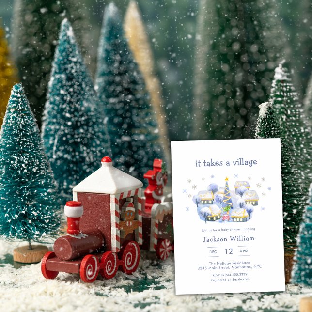 Pastellblå Vinter Det Krävs En By Barnkalas Inbjudningar (Pastel Blue Winter It Take A Village Baby Shower Invitation)