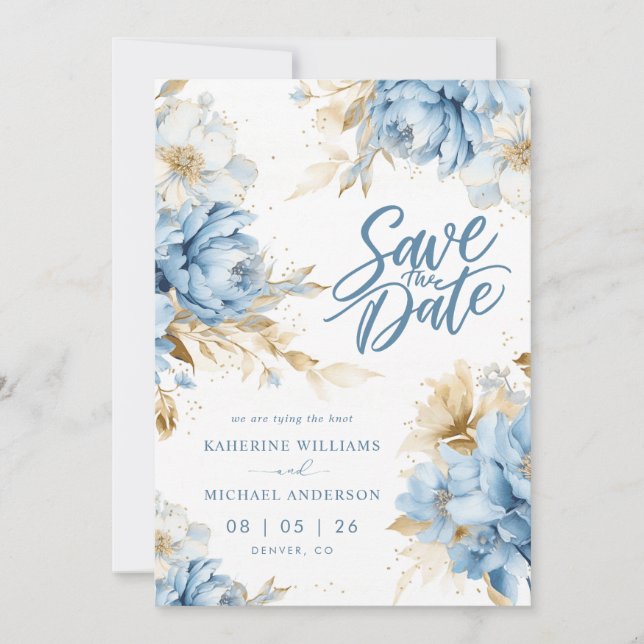 Pastellblå vita blommor Save The Date-inbjudningar Spara Datumet (Framsida)