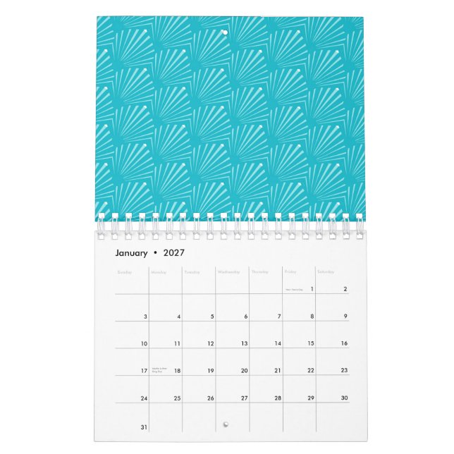 Pastellblåa snäckskalssilhuetter diagonala linjer  kalender (Jan 2027)