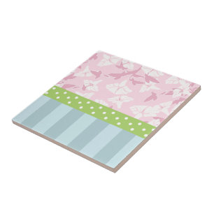 Pastellblåstripe Rosa Blommigt Grönt Polka dots Kakelplatta