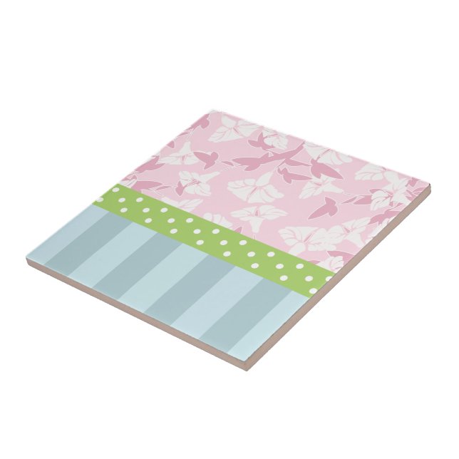 Pastellblåstripe Rosa Blommigt Grönt Polka dots Kakelplatta (Sidan)