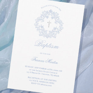 Pastellblått elegant vapensköld pojke Baptism Inbjudningar