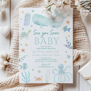 Pastellblått hav ser du snart under havet baby sho inbjudningar