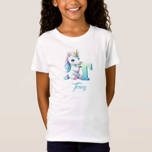 Pastellblått och grönt Unicorn brev T monogram Shirt (Framsida)