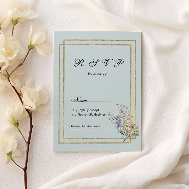 Pastellblått och guld lavender rosa blommigt OSA Inbjudningar (Pastel blue and gold lavender pink floral RSVP )